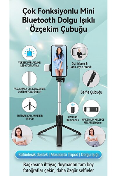 asua LED Işıklı Bluetooth Selfie Çubuğu & Tripod – 360° Döner Başlık, Uzaktan...