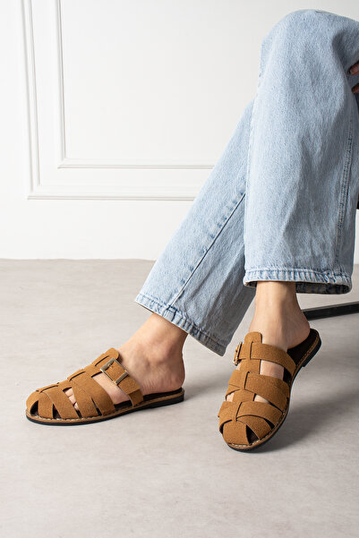 Suuet Yewa Women's Slippers with Cross Straps and Gold Buckle Suede