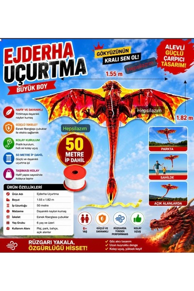 Hepsilazım Dragon Oyuncak Uçurtma Büyük Ejderha Alev Desenli 1.55x1.82cm Kola...