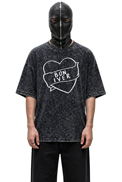 Fuddy Moda Unisex μπλουζάκι Bon Iver με στάμπα καρδιάς, πλενόμενο, oversized ...