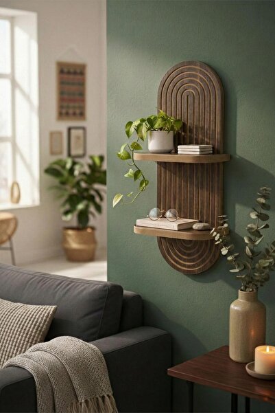 Artavessa Dekoratif MDF Duvar Rafı Ceviz Rengi - Bohem Oval Tasarım Modern Kitaplık Ve Çiçeklik D Raf 70x26 cm