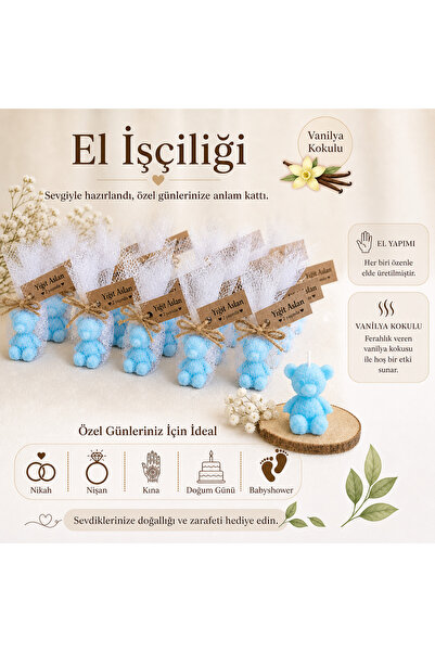 F&A Candle 30 ADET Kişiye Özel El Yapımı Mavi Ayıcık Mum – Vanilya Kokulu Nik...