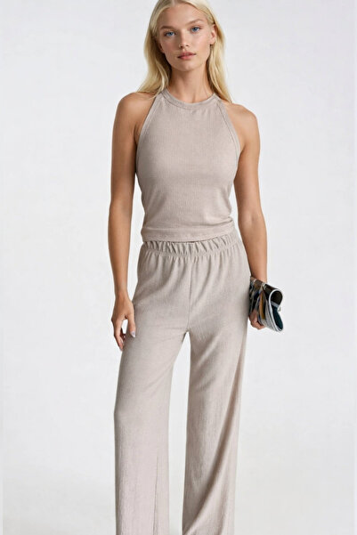 Asfaha Fashion Women's Beige Halter Neck Textured Two-Piece Set with Elastic ...