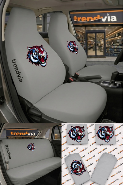 trivexa Tiger Logo Car Seat Cover Front and Rear Set – Combed Cotton Lycra Un...
