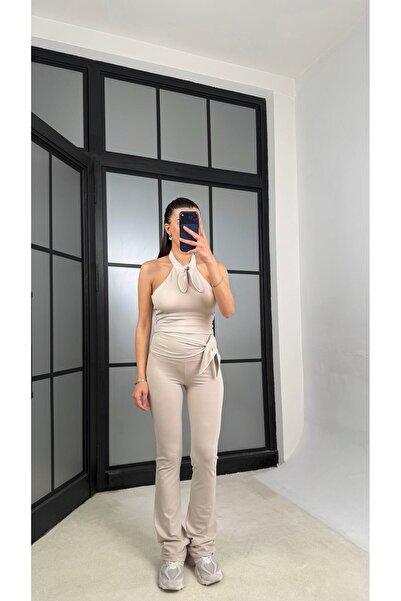 GAUS CO Bej OYS Model Fiyonk Detaylı Crop Tayt Takım GAUS-01407