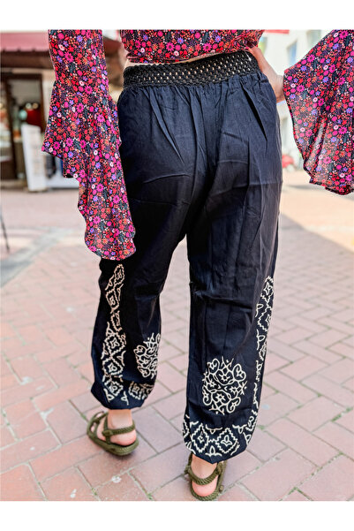 Miss Boheme Black Color Hand Printed Floral Patterned Bohemian Trousers