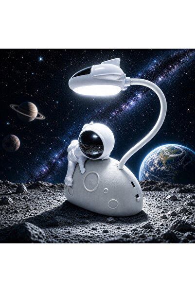 Kuzey ÖZELTASARIM AY ÜSTÜNDE BEYAZ ASTRONOTLU GECE LAMBASI BEYAZ LED IŞIKLI A...