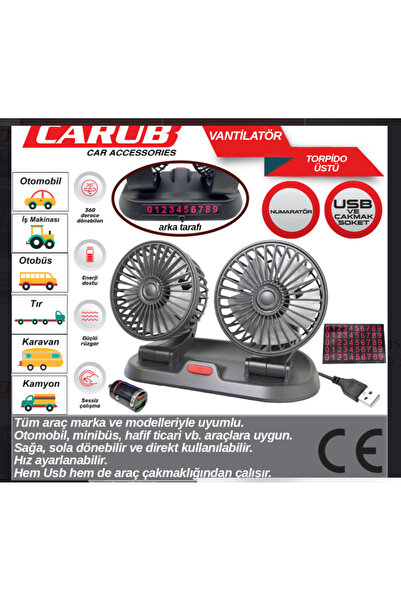 Carub Vantilatör 2 Li Usb Çakmaklık Girişli Numaratörlü 12/24 Volt
