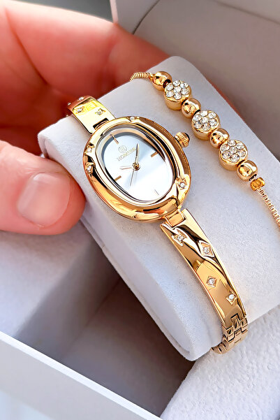 Homies Oval Case Gold Color Women's Wristwatch Steel Band Japanese Movement G...