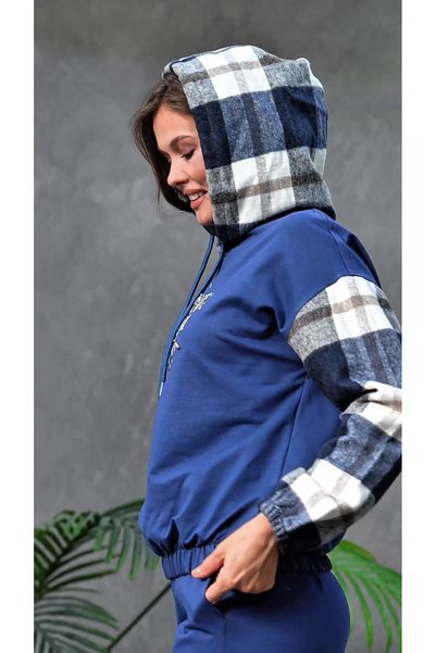 MVStore Women's Printed Stone-Embellished Sleeves Patterned Hooded Oversized Sweatshirt