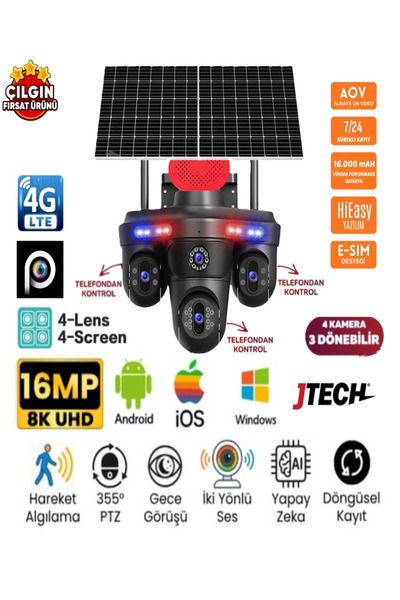 jtech MPIA RENORA (4MP+4MP+4MP+4MP) AOV 16MP 4G e-Sim Kartlı Solar Panelli 4 ...