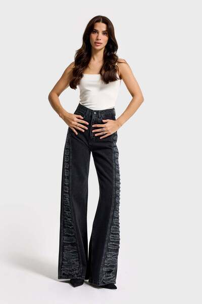 it's basic İts basic Kadın Füme Flare Fit Özel Tasarım %100 Koton Denim Jean