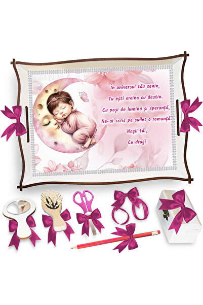 LoreBebe Set Tava Taiere Mot Fete, Tavita Mot, 7 Piese, Model Luna Roz, 32x24 cm