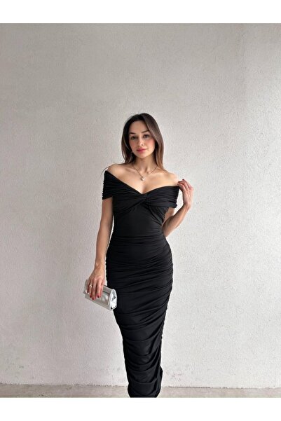 Klex Madonna Yaka Drapeli Midi Elbise 5075