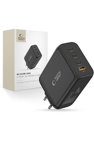 Tech-Protect NC240W-GAN ÎNCĂRCĂTOR DE REȚEA CU 4 PORTURI PD 240W / QC3.0 NEGRU