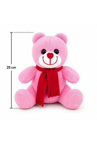 AsefKids Kırmızı Atkılı Pembe Renkli Sevimli Romantik Yumuşak Ayıcık 25 Cm Do...
