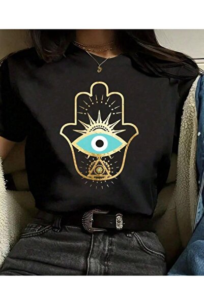 Oceanwear Nazar Themed Gold Color Detailed Short Sleeve Women's Black Tshirt