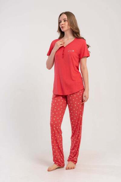 C&City Damla Collar Half Buttoned Pajama Set Dusty Rose-512214