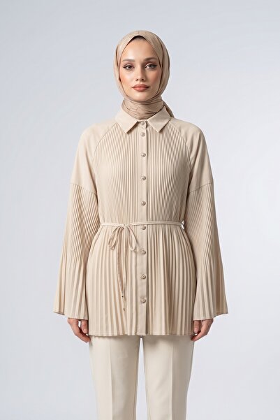 Lunfia Beli Bağlamalı Taşlı Düğmeli Pliseli Poplin Tunik - Bej
