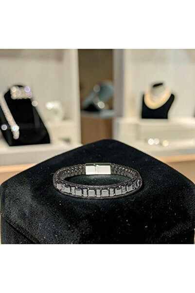 TAKIDA GÜMÜŞ Smoked Oval Cube Hematite Stone Special Knitted Bracelet