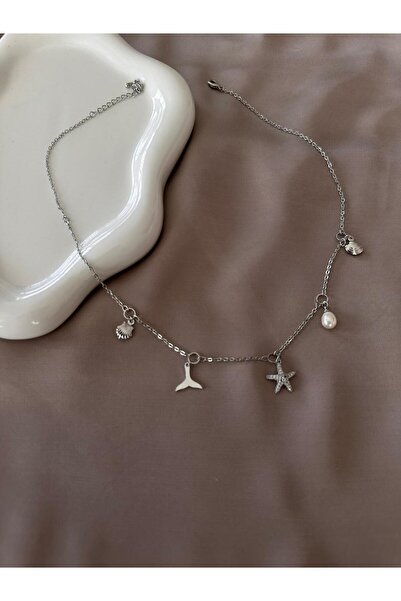 Twelve Sea Shell Detailed Silver Color Steel Women's Necklace