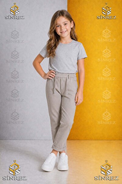 SİNREZ Girls' Plain Trousers 3.Mdl Elastic Waist Lycra Folded Leg Style