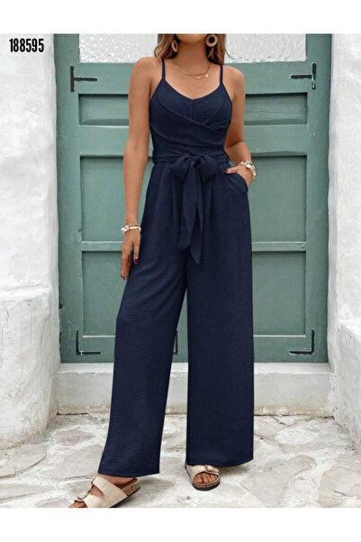 BZ Boutique Askılı V Yakalı Kuşaklı Uzun Büyük Beden Aerobin Tulum 188594