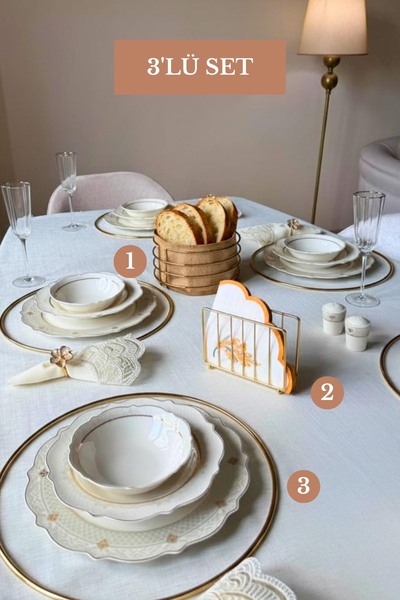 Edora Home 3’lü Set Parlak Altın 6'lı Supla Kafes Peçetelik Yuvarlak Ekmek Se...