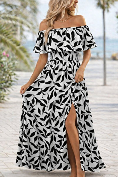 Efnaz style Women's Madonna Collar Elastic Waist Slit Long Patterned Single J...