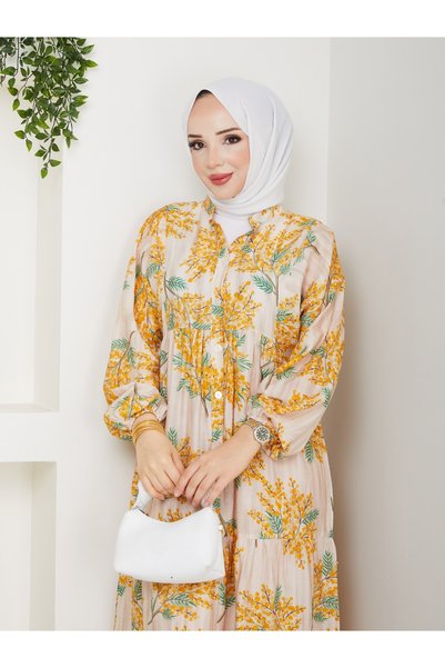 FRESH FASHION Modal Mango Women's Patterned Layered Front Buttoned Patterned Spring Summer Dress
