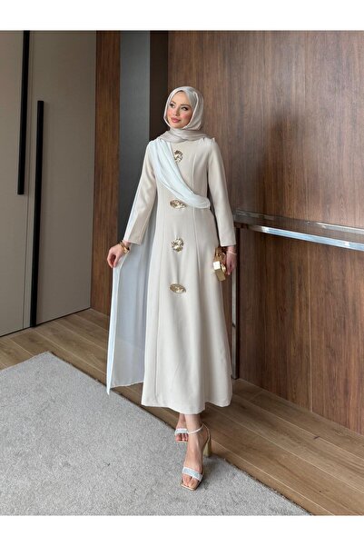 Dimor Bej Asimetrik Drape ve Gold Broş Detaylı Elbise