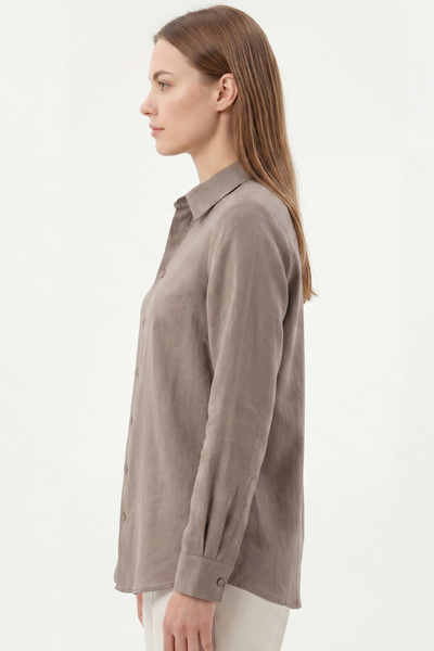 goffra Women's Gia 100% Natural Linen Shirt - Classic Collar Basic Minimalist Design Brown W207-K0401-02