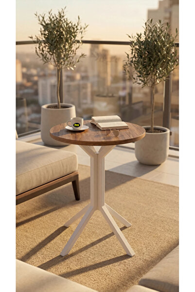 hey modüler mobilya Yıldız Yuvarlak Ceviz 50 cm Balkon Masası Yan Sehpa Mutfak Yemek Masası Beyaz Ayak