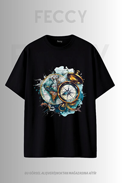 FECCY Premium Compass Printed Hunter Theme Unisex Oversize Women's T-Shirt Me...