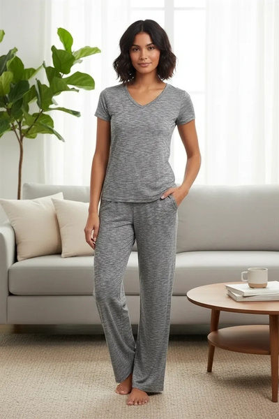 Beruflic Women's Gray Melange Soft Textured Flowing Form Trousers Relaxed Fit...