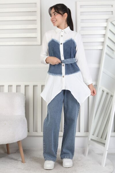 ASALEA Girl's Denim Set – Belted, Buttoned, Asymmetrical Cut Tunic & Denim Tr...