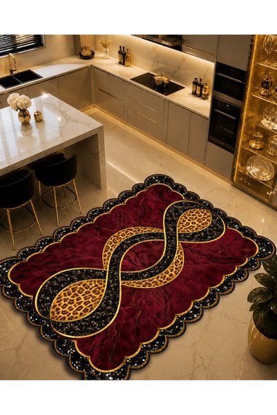 CAPPİO HALI Kaymaz Taban Yıkanabilir Siyah Krem Altın Detaylı Modern Mutfak Halısı sdn01