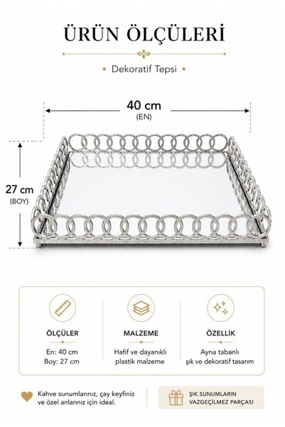 Yavuzhan Metal Silver Decorative Tray with Mirrored Ring Detail Large (27X40)