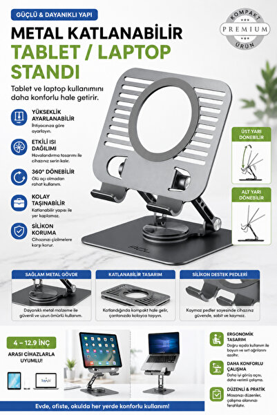 CROW'S TECH Metal Laptop Standı Katlanabilir 360° Ayarlı Ayarlanabilir Tablet...