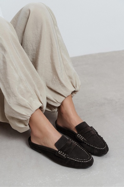 NİŞANTAŞI SHOES Loba Bitter Kahve Süet Deri Düz Taban Kadın Loafer Terlik