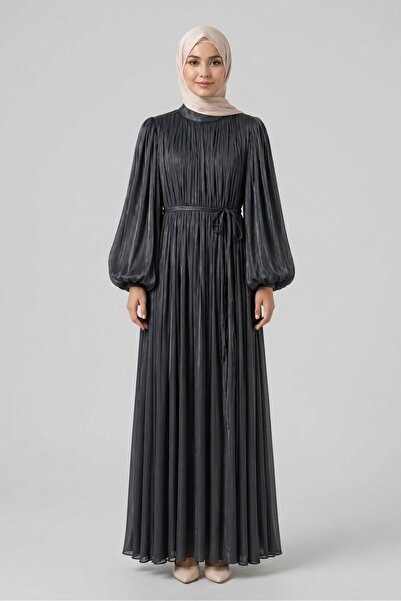 Norshen Black Women's Balloon Sleeve Dress with Tie Waist and Shiny Textured ...