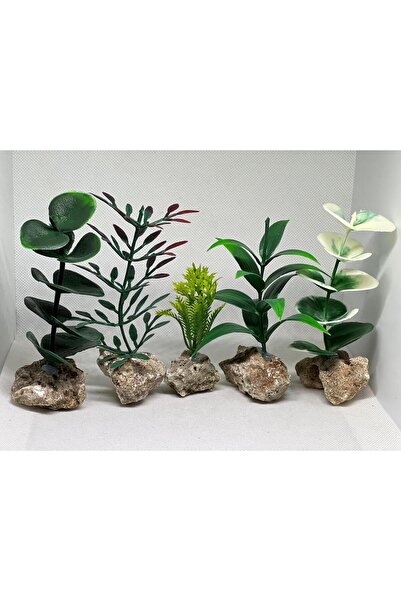 wloria AKVARYUM DEKORU YAPMA-YAPAY BİTKİ VE KAYA 5'Lİ SET - 10-12 cm
