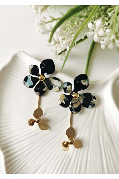 Halley Concept Black Mosaic Patterned Flower Figured Gold Detailed Dangle Ste...