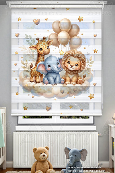 Avart Digital Sevimli Aslan Fil ve Zürafa Temalı Dijital Baskılı Zebra Stor P...