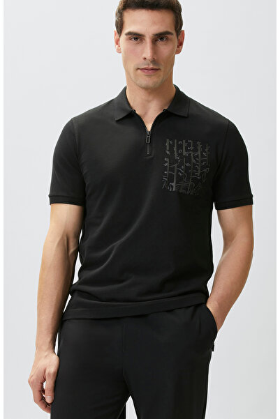 Network Siyah Süs Cep Baskı Detaylı Pike T-shirt