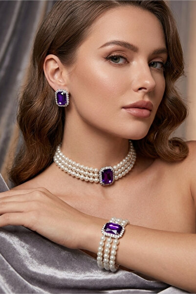 Happyline İncili baget mor taşlı gümüş kaplama inci choker kolye tasarım şık ...