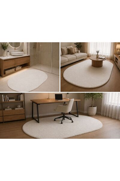 naya home Peluş Krem OVAL Tüylü Yumuşak Yıkanabilir Kaymaz Taban Halı Yolluk ...