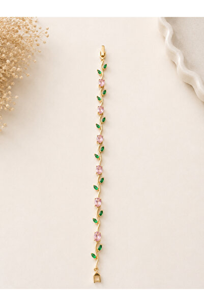 Lilith Takı Pembe Taşlı Zarif Dal Bileklik | Yeşil Yaprak Detaylı Şık Tasarım...