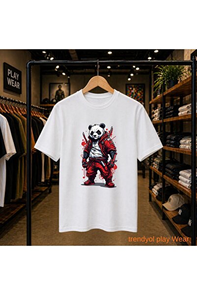 playwear Tricou Warrior Panda cu imprimeu pe piept, 100% bumbac, supradimensi...