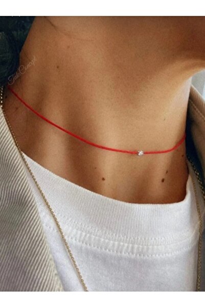TakıConcept Minimal Kristal Detaylı İp kırmızı Choker Kolye